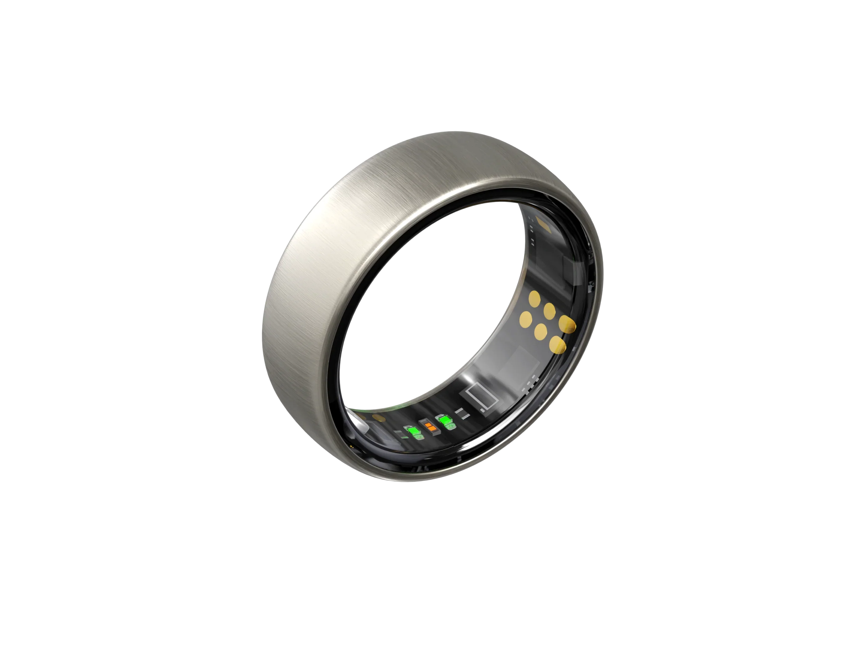 Nova Smart Ring Nova R, millel on sile metallist disain, mille sees on nähtavad andurid ja kuldsed kontaktpunktid, on kuvatud mustal taustal.